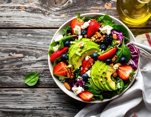 Fresh Summer Salad with Avocado Berries and Nuts Healthy Eating Concept