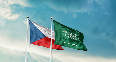 Czech Republic and Saudi Arabia friendship flags are waving in the sky. Two country flag for agreement or deal. Czech KSA national flag for commitment.