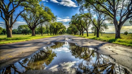 Serene country road lined with trees reflecting in a sunlit puddle after a gentle rain