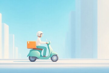 Delivery rider glides through serene urban landscape on scooter,