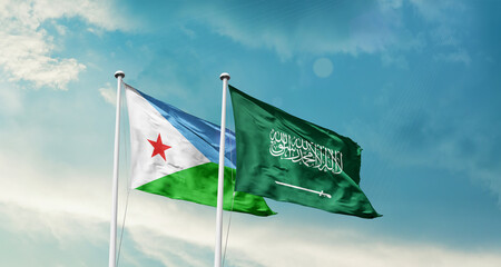 Djibouti and Saudi Arabia friendship flags are waving in the sky. Two country flag for agreement or deal. Djibouti KSA national flag for commitment.