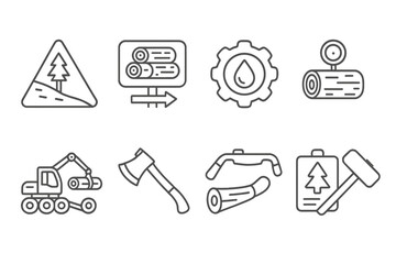 Forestry and logging line icon set. wood, trees, tools, timber outline illustrations