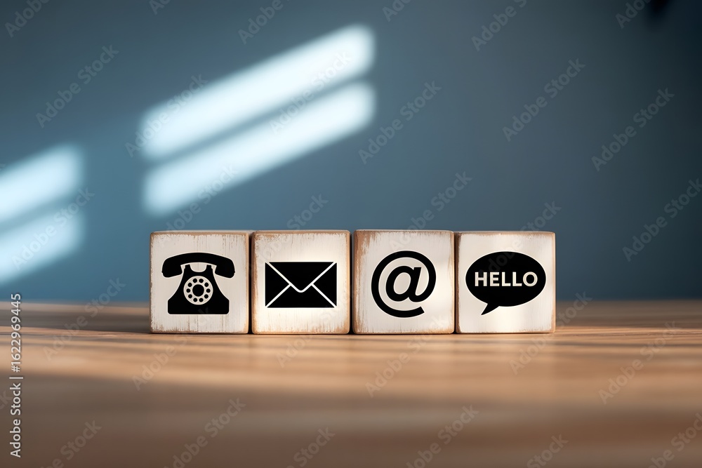 Poster wooden blocks displaying contact information icons phone email at symbol and hello speech bubble on 