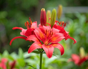 Crimson Star: Close-Up of a Vibrant Red Lily in a Lush Garden Setting