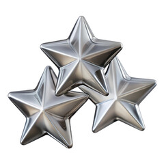 Obraz premium Three shiny metallic silver stars clustered together in a triangular formation isolated on a transparent background representing achievement and success isolated on transparent background