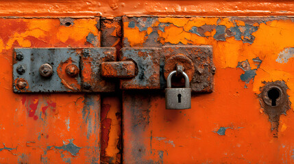 Rusty Metal Container Door Lock with Orange Paint and Weathered Surface