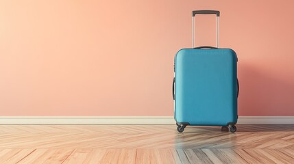 stylish suitcase in bold blue color against soft pink background. clean modern composition for travel promotion or agency branding, banner with copy space