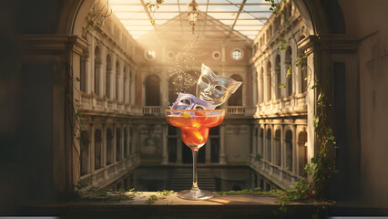 A vibrant cocktail rests in a glass while two artistic masks are perched atop. Sunlight filters through the courtyard, illuminating the historic architecture.