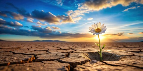 A resilient daisy bravely blooms amidst cracked earth, bathed in the golden light of a vibrant sunset, a symbol of hope and perseverance in harsh conditions.