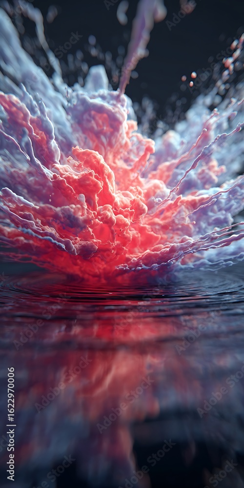 Poster dramatic abstract background featuring a fiery explosion of red and white clouds reflected in water,