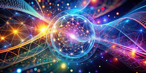 Obraz premium Illuminated Interconnected Sphere within a Vibrant, Dynamic Network of Light and Energy