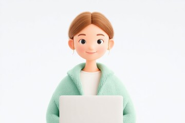 Smiling character in cozy attire holds laptop, showcasing digita