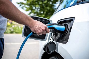 Close-up of man's hand plugging in electric vehicle charger. Shiny blue car surface reflects ambient light. Concept of clean energy, EV technology, green transportation. Modern detail. Banner.