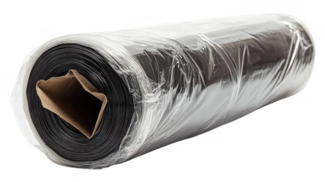 Roll of black plastic sheeting ready for various applications in construction and landscaping