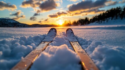 Two cross-country skis lying on the snow, with a sunset in the background
