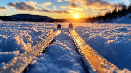 Two cross-country skis lying on the snow, with a sunset in the background
