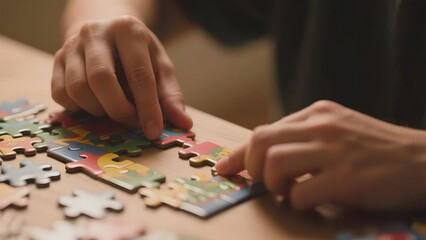 Person Assembling a Colorful Puzzle on a Wooden Table