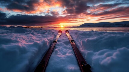 Two cross-country skis lying on the snow, with a sunset in the background
