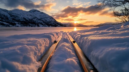 Two cross-country skis lying on the snow, with a sunset in the background
