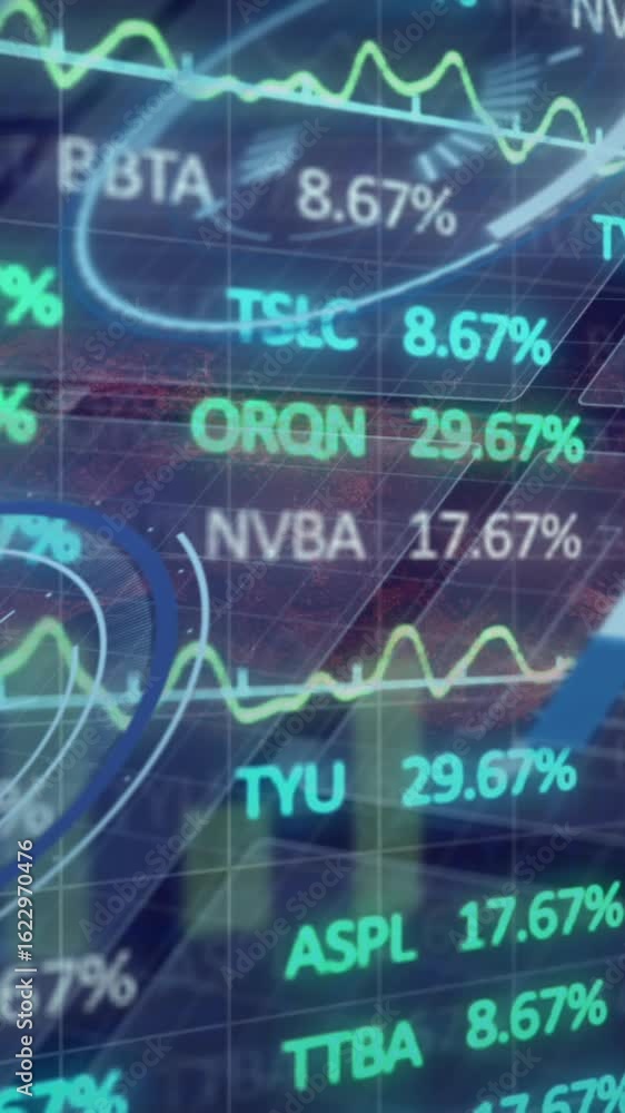 Poster animation of financial data processing and statistics on black background