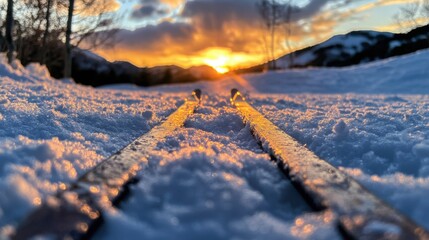 Two cross-country skis lying on the snow, with a sunset in the background
