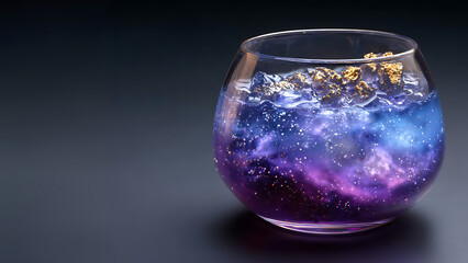 A stunning drink fills a round glass, featuring vibrant purple, blue, and gold hues resembling a galaxy. Ice cubes float within, enhancing the celestial appearance.