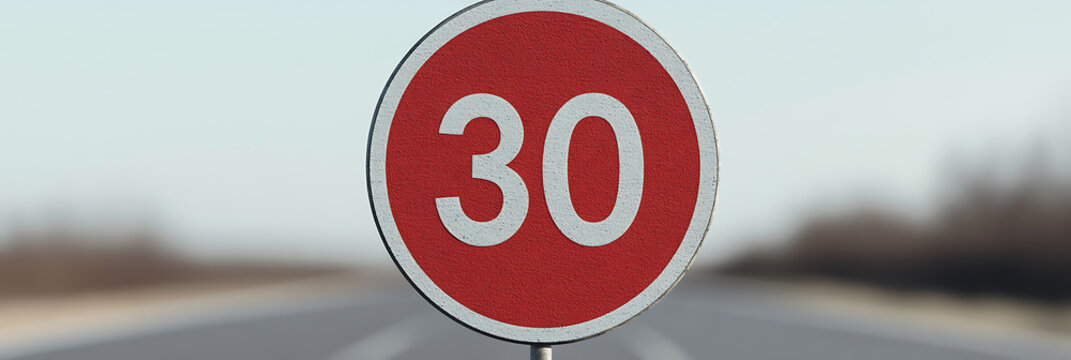 A red speed limit sign with white numbers '30' stands prominently on a road, warning drivers to maintain a slow pace for safety and adherence to regulations.