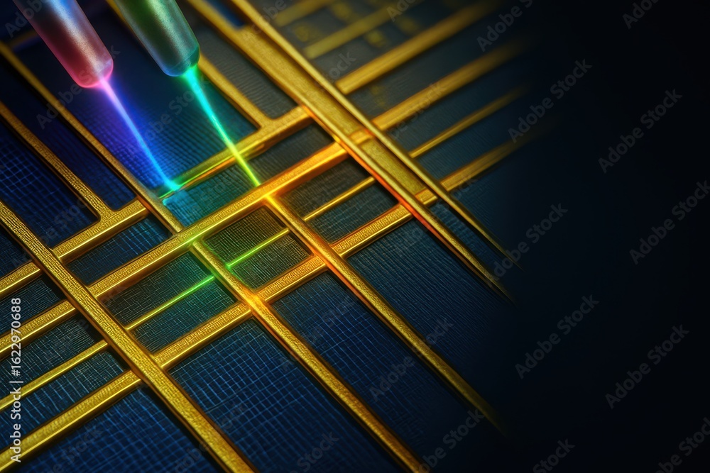 Poster close-up of optical chip with colored lasers transferring data through golden neural interconnect gr