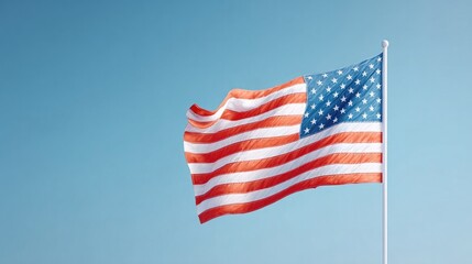 Fototapeta premium Waving flag against clear blue sky symbolizes patriotism and uni