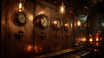 Industrial cabinet interior with warm golden lights and copper bronze steampunk details