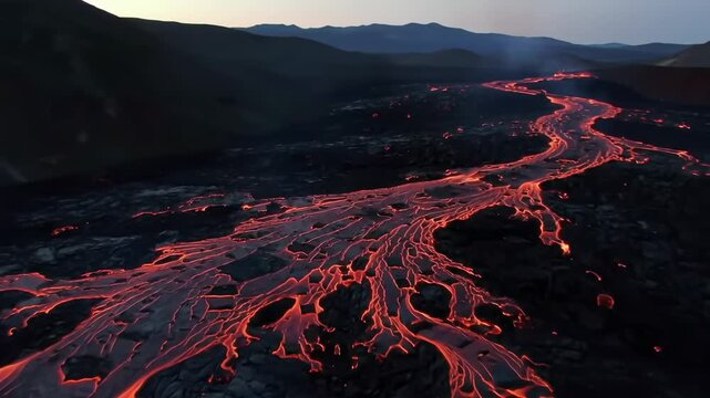 Molten River Flowing Across Volcanic Landscape
