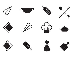 Culinary Icon Collection Featuring Kitchen Utensils Chef Hats and Serving Dishes in Clean Black and White Style