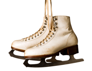 Classic White Figure Ice Skates Hanging by Laces, Vintage Style, PNG