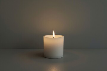 Lit candle on table, grey background, serenity