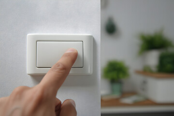 Energy saving hand switching off wall light in modern home with clean copy space for eco campaign banners and office reminders