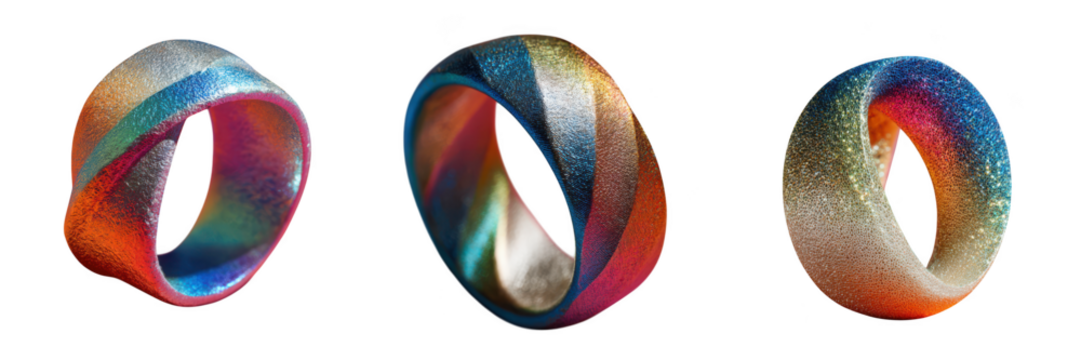 Three colorful glitter rings with a rainbow gradient, isolated on a transparent background - Powered by Adobe