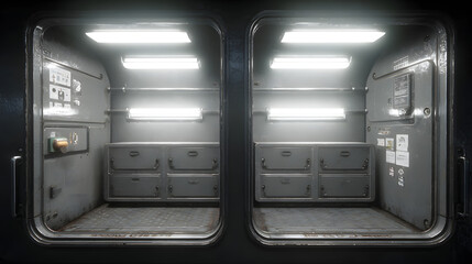 Military-grade metal cabinet interior with harsh white light in a sci-fi bunker design