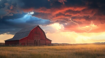 Fototapeta premium A vibrant red barn stands in a field during a dramatic sunset thunderstorm.