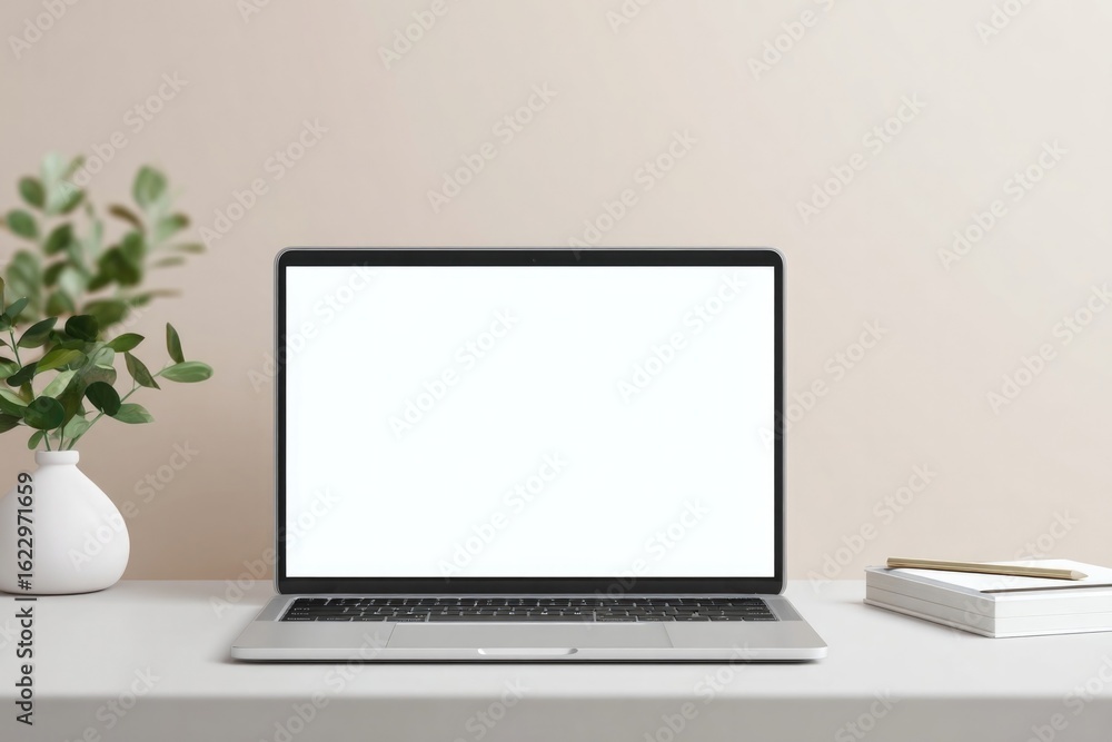 Poster minimalistic workspace featuring an open laptop and clean aesthe