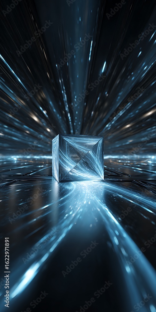 Poster abstract futuristic tunnel with glowing light effect and geometric cube in dark space for modern tec