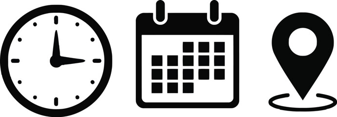 Vector art of vector illustration of a clock calendar and location icon representing time management and scheduling for appointments and reminders