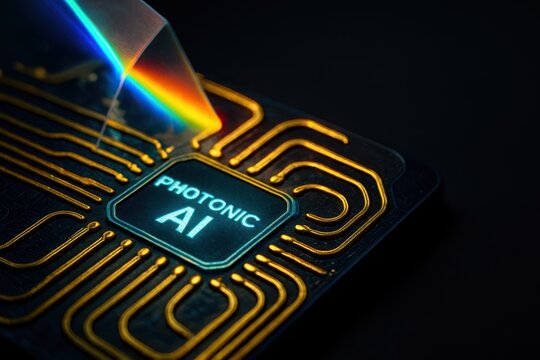 Close-up of photonic AI chip with prism and rainbow laser showing data flow through neural circuits
