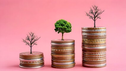 Financial Growth Illustrated by Trees Sprouting from Stacks of Coins