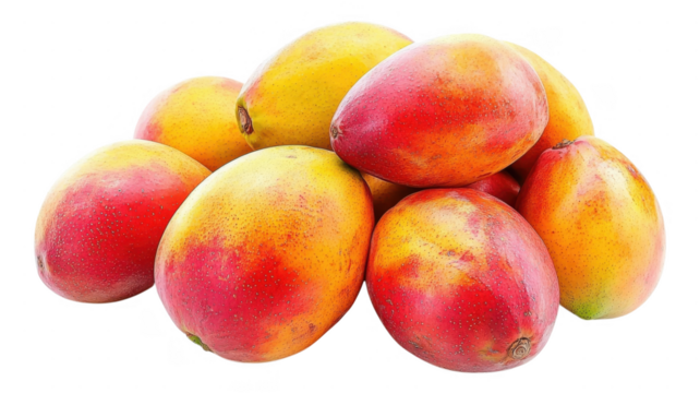Fresh ripe mangoes arranged in a colorful transparent display on a clean background