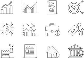 Obraz premium Vector art of vector illustration of as set of hand drawn icons representing economic activity and financial market trends in a modern style