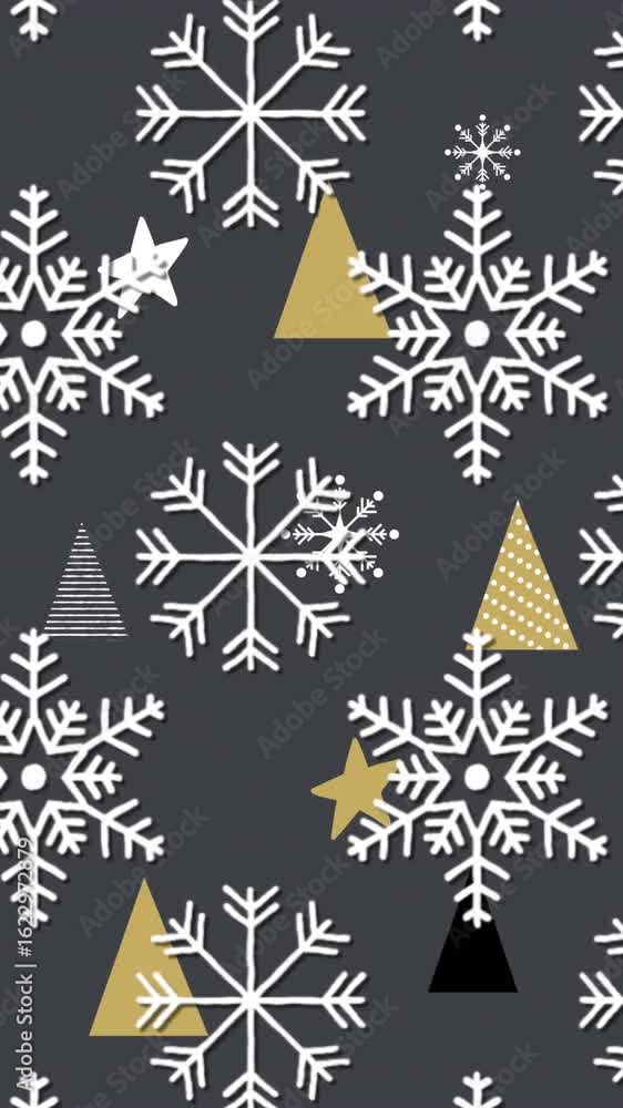 Poster snowflakes icons in seamless pattern against multiple christmas tree icons on grey background
