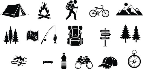 Vector art of vector illustration of adventure and exploration with camping bonfire and fishing in the great outdoors with mountains and forest