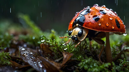 A curious ladybug shelters beneath a small mushroom after a light rain