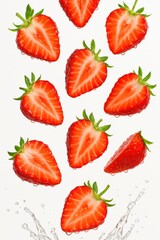 Fresh strawberries with water splashes on white background, showcasing vibrant red color and juicy texture