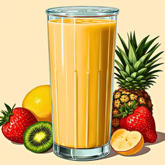 Tropical fruit juice in artistic style with vibrant colors and fresh fruit combinations, copy space